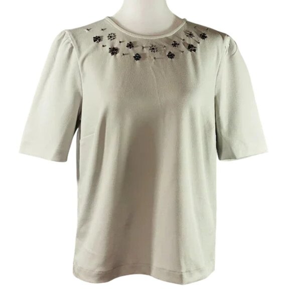 Ann Taylor Petite Soft Grey Silver Jeweled Top MP - Picture 2 of 9